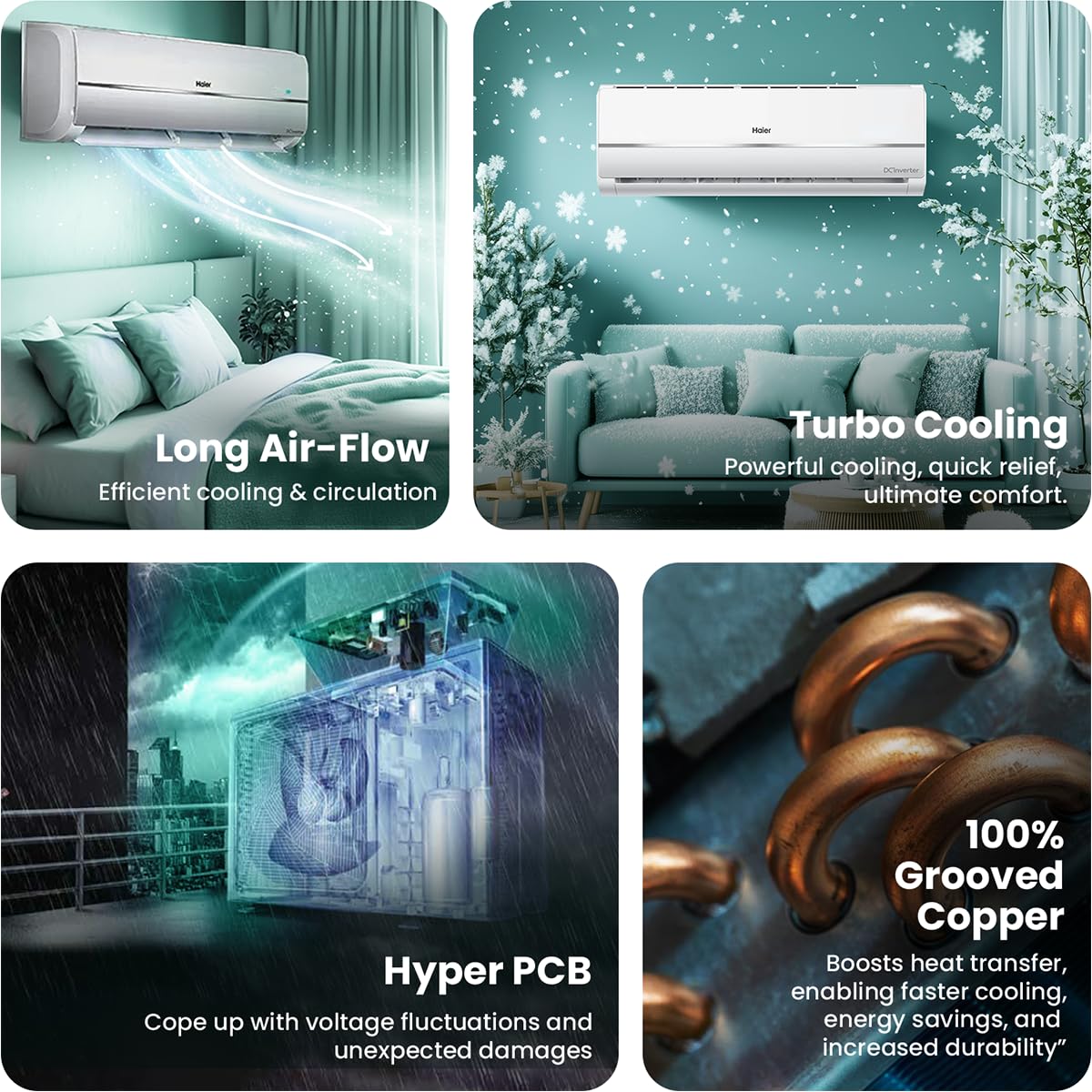 Haier 1.5 Ton 3 Star Twin Inverter Split AC (Copper, 5 in 1 Convertible, Anti Bacterial Filter, Cools at 54°C Temp, Long Air Throw - HSU17V-TMS3BN-INV, White)