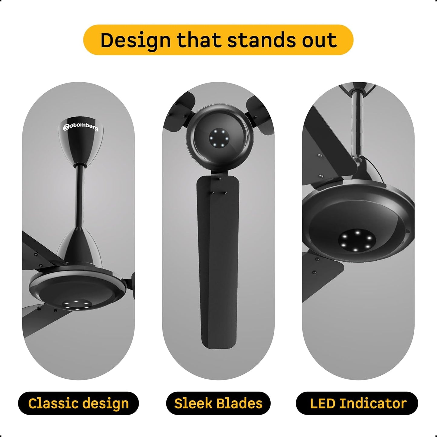 atomberg Efficio Alpha 1200mm BLDC Ceiling Fan with Remote Control | BEE 5 star Rated Energy Efficient Ceiling Fan | High Air Delivery with LED Indicators | 2 Year Warranty (Gloss Black)