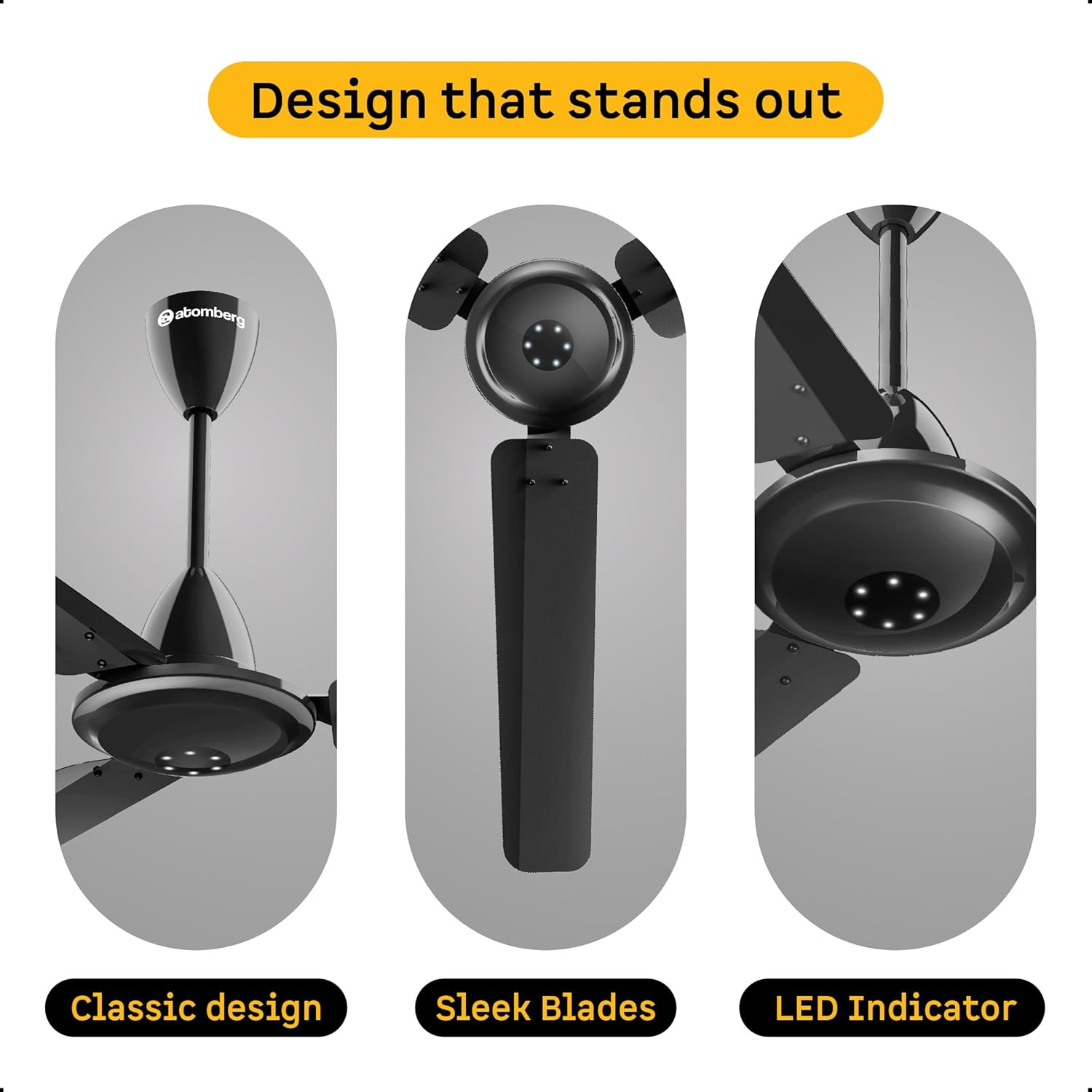 atomberg Efficio Alpha 1200mm BLDC Ceiling Fan with Remote Control | BEE 5 star Rated Energy Efficient Ceiling Fan | High Air Delivery with LED Indicators | 2 Year Warranty (Gloss Black)