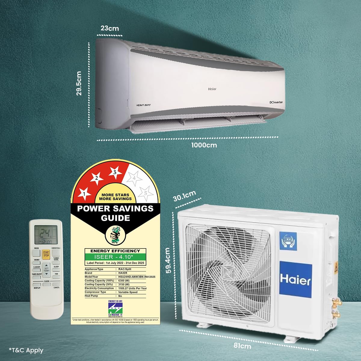 Haier 2 Ton 5 Star HEXA Inverter Split AC (6300 Watts, Copper, 7 in 1 Convertible, Heavy Duty, HD Filter, Cools at 60°C, Frost Self Clean, 20mtrs Air Throw - HSU24HD-ANW5BN-INV)