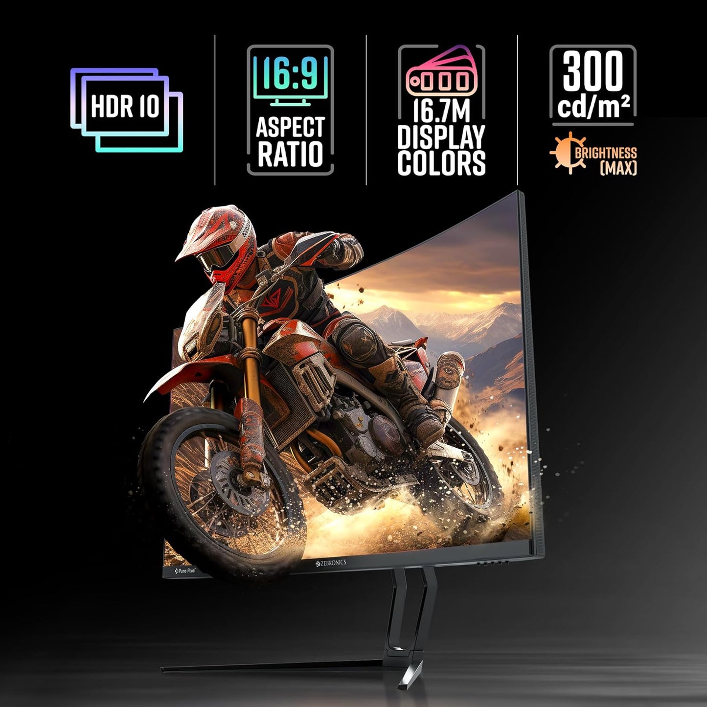 ZEBRONICS N32A 32"(80 cm) 1500R Curved Gaming Monitor, QHD 2560x1440, Antiglare, 300Nits, 180Hz, 1ms MPRT, HDR10, 99% sRGB | 92% DCI-P3, Adaptive Sync, 2 x DP | 2 x HDMI | 1 x 3.5mm