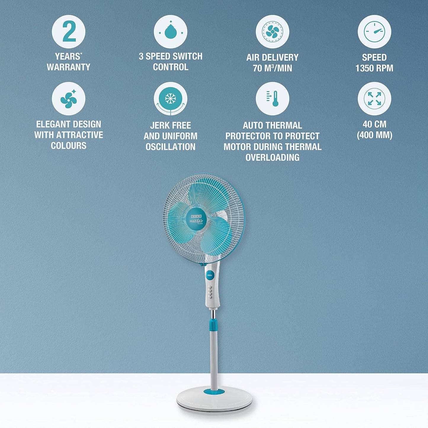 USHA Maxx Air Ultra Pedestal Fan | 400MM Sweep Size | 1350 RPM | Aerodynamic Blade Design for High Air Delivery | Anti - Rust Protection | Copper Motor | Light Blue