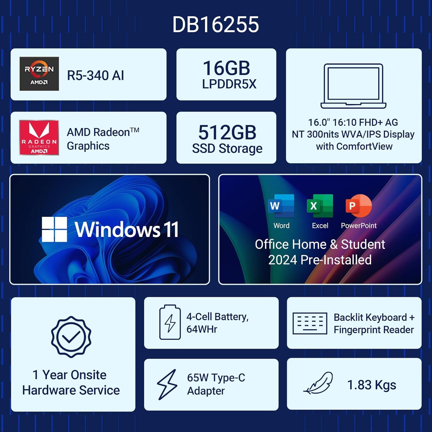 Dell DB16255, R5-340 AI Processor / 16 GB LPDDR5X/ 512 GB SSD/AMD Radeon™ Graphics / 16" (40.64 cm) FHD Plus, 300 Nits, IPS Display, Backlit + FPS Keyboard, 15 Month McAfee/Ice Blue / 1.83 Kg