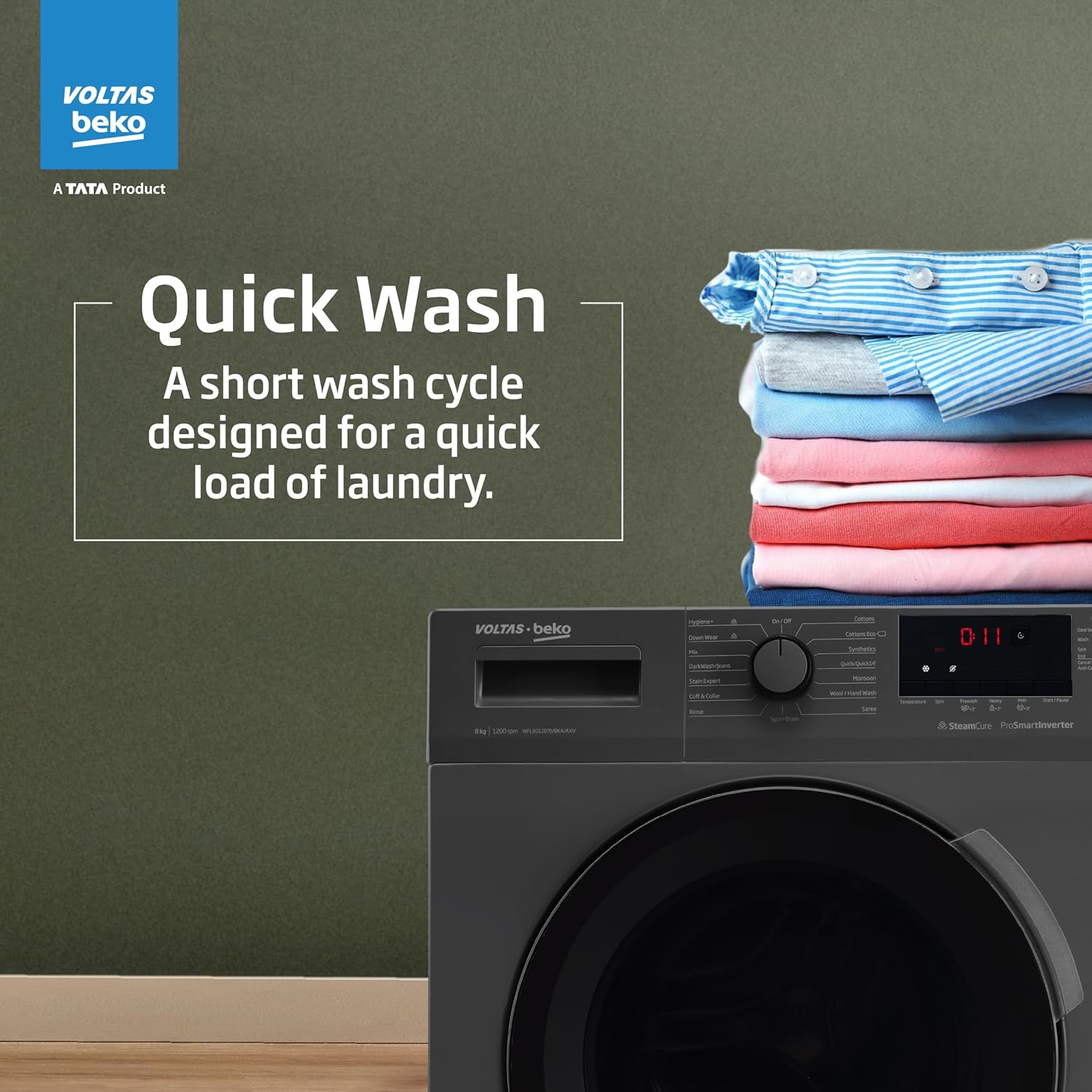 Voltas Beko, A Tata Product 8 Kg 5 Star Inverter Quick wash Fully-Automatic Front Loading Washing Machine (WFL8012B7JVBKA/AXV, Anthracite, In buit Heater/Hygiene steam)