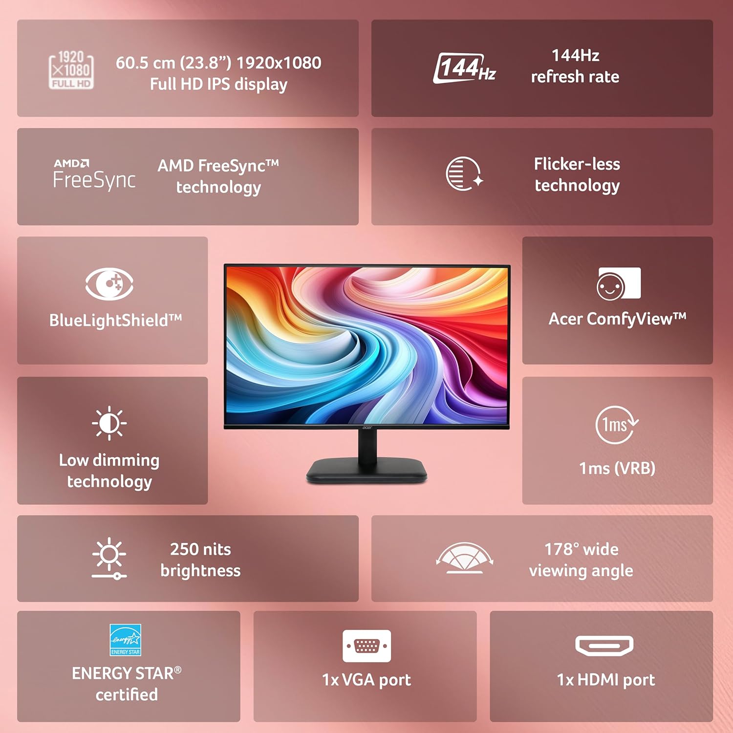 Acer EK240Y P6 P6 23.8 Inch IPS Full HD Backlit LED Monitor I 144Hz Refresh Rate, 1MS VRB Response Time, AMD FreeSync I 1 x VGA 1 x HDMI with Inbox HDMI Cable I Zero Frame Design I Eye Care I Black