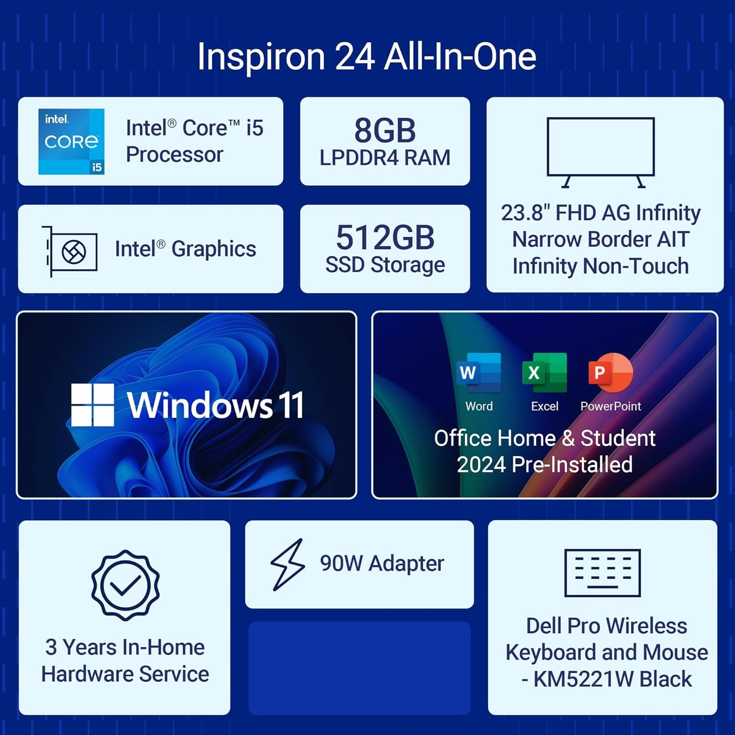 Dell AIO Inspiron 5430, i5-1334U, 8 GB, 512GB SSD Intel® Graphics, 23.8" FHD AG Infinity Narrow Border AIT Infinity Non-Touch|Win11+MS Office 24+M365 | Dark Shadow Gray Cover|Wireless Keyboard & Mouse