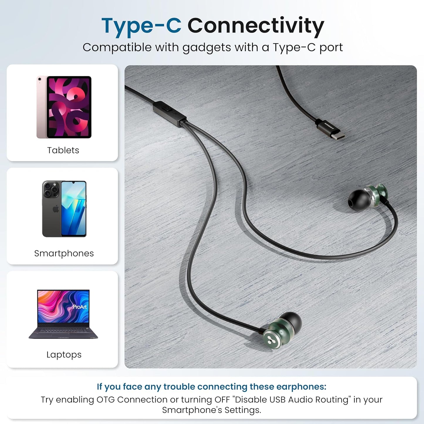 Ambrane Type-C Wired in Ear Earphones, 10Mm Bass Drivers, Inline Controls for Type C Smartphones, iPhone 15 & Laptop, 1.2M Braided Anti Tangle Wire with Mic for Clear Calling (Stringz 03, Green)