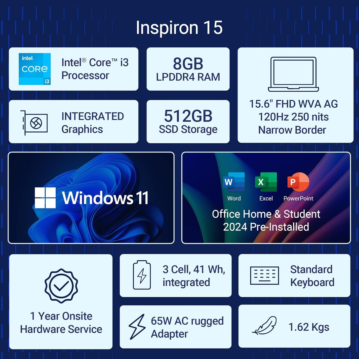 Dell Inspiron 15-3530 Laptop - 15.6 inch FHD, 13th Gen Intel Core i3-1305U, 8GB RAM, 512GB SSD, Win 11 + Office H&S 2021, Standard Keyboard, Platinum Silver, 1 Year Onsite Hardware Service, 1.62 Kg