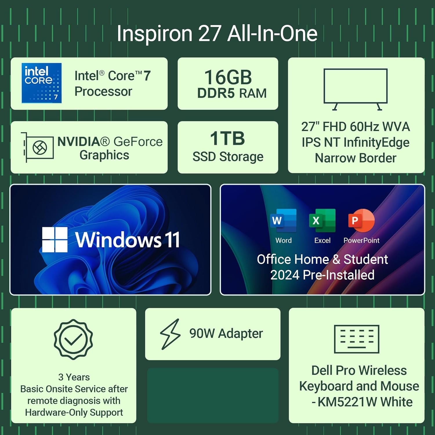Dell 27 All-In-One EC27250, Intel Core 7 150U, 16GB|1TB|NVIDIA GeForce MX570A 2GB, Win11+Office H&S 2024, 27" FHD Touch Display with Wide Viewing Angle, Pearl White Cover+Molded Speaker Grill, 7.02 Kg