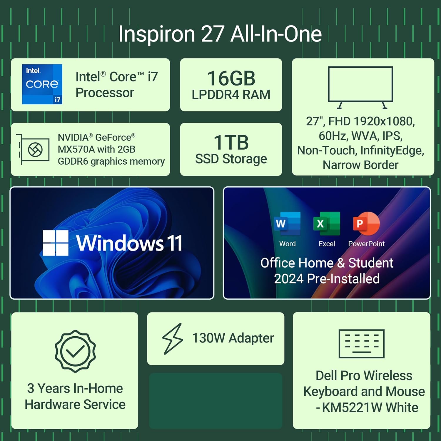 Dell AIO Inspiron 7730, i7-1335U, 16 GB, 1TB SSD, 27" FHD, 60Hz, WVA, IPS, Non-Touch Display, NVIDIA® GeForce® MX570A with 2GB GDDR6 Graphics Memory, Win11+MS Office 24+M365, Pearl White Cover+Molded