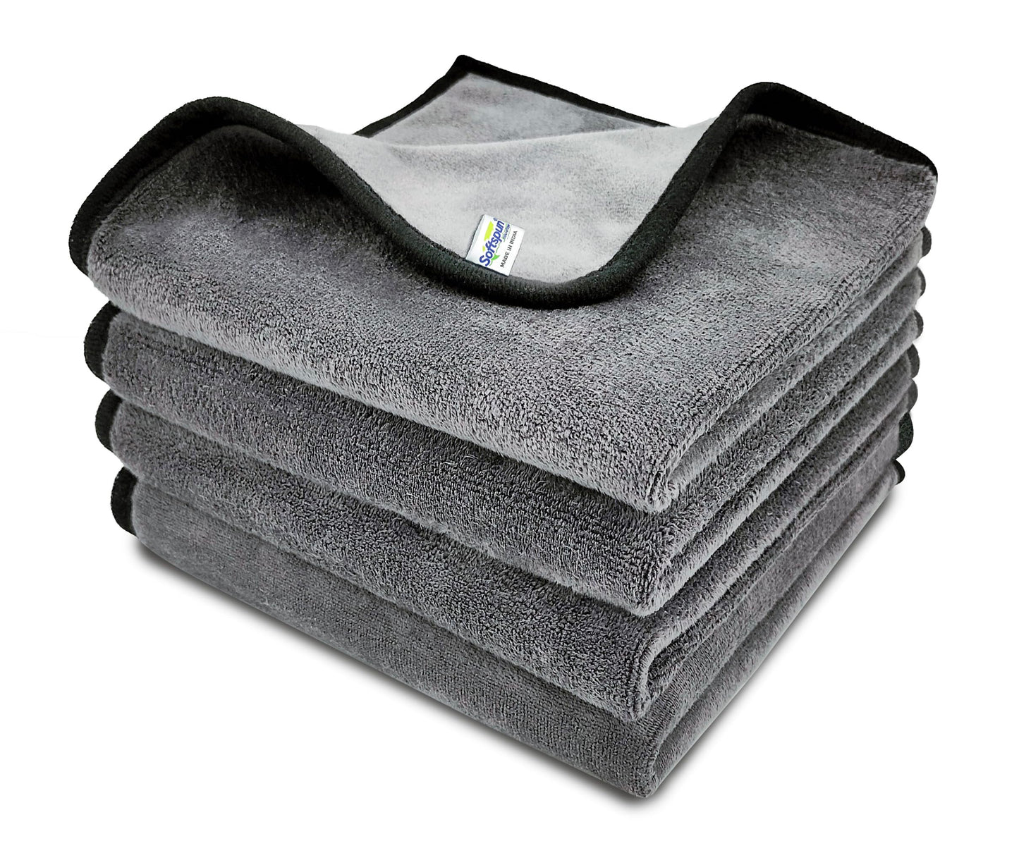 SOFTSPUN Microfiber Cloth - 4 pcs - 40x40 cms - 340 GSM Grey! Thick Lint & Streak-Free Multipurpose Cloths - Automotive Microfibre Towels for Car Bike Cleaning Polishing Washing & Detailing.